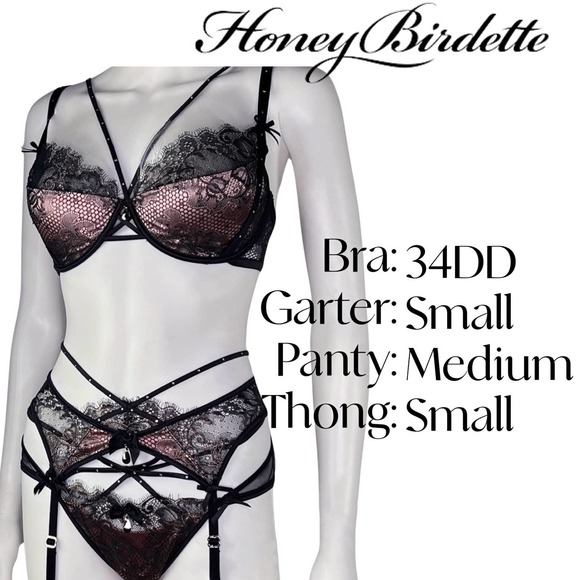 Honey Birdette4 Piece Set Pink Satin Black Lace